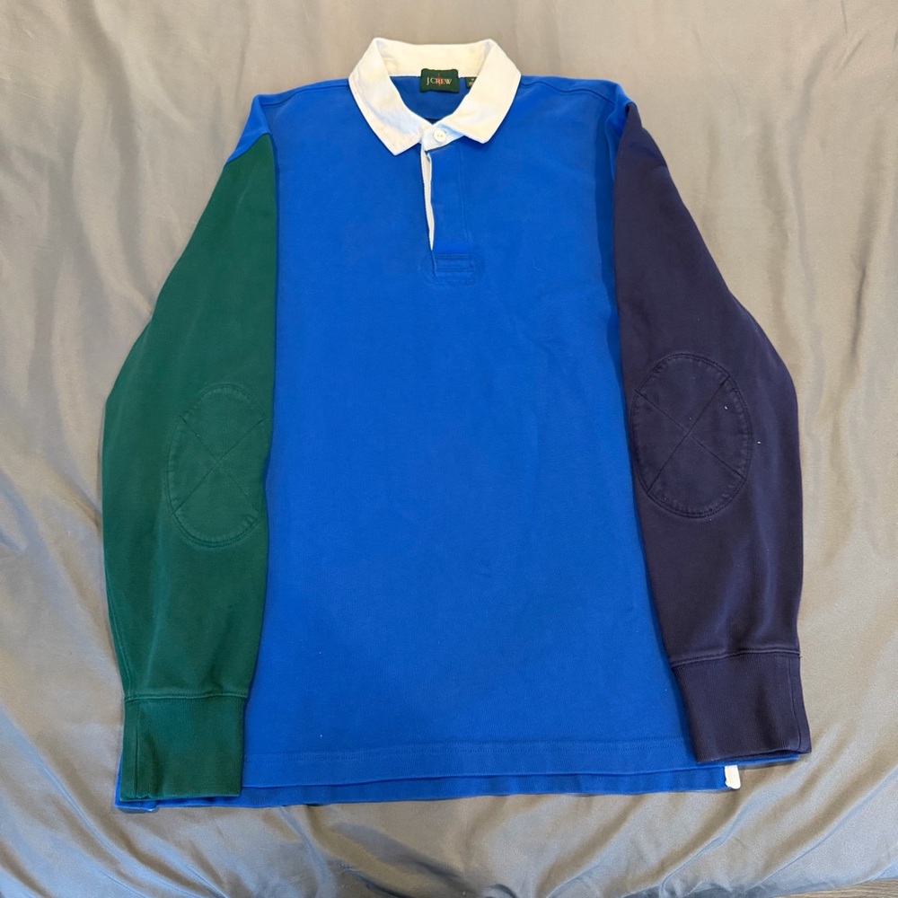 J Crew Oarsman Rugby Polo Shirt Mens Medium Blue Green Long‎ Sleeve Elbow Patch
